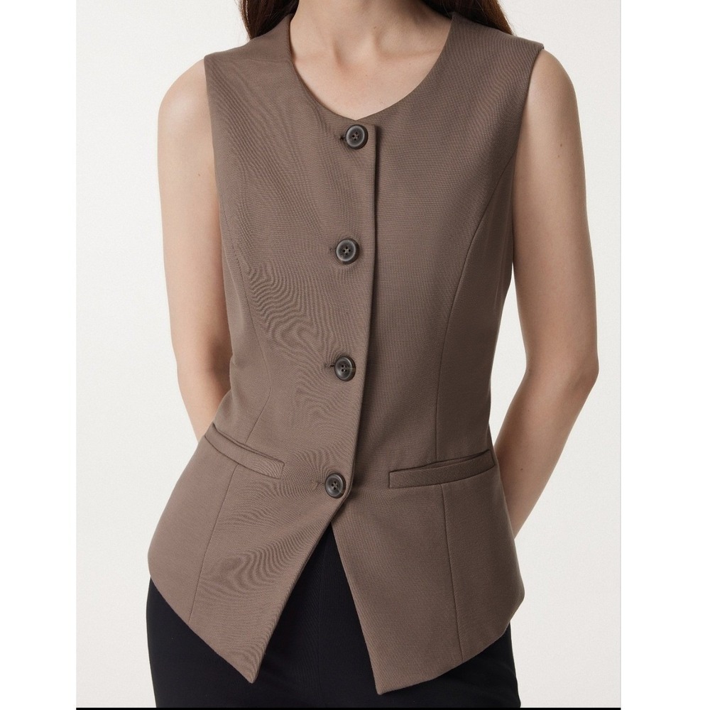 OGL Move Office Staple Waistcoat Taupe Brown Button Front Tailored Vest Top XS